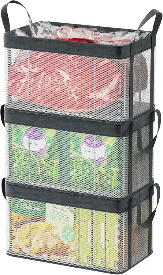 iSPECLE Freezer Organizer Bins, 3 Pack 15" Large Stackable Deep Freezer Organizer Bins for 5 to 7 Cu.Ft Chest Freezer, Sturdy Fabric & Stainless Steel for Meat & Vegetables, Easy Access, White