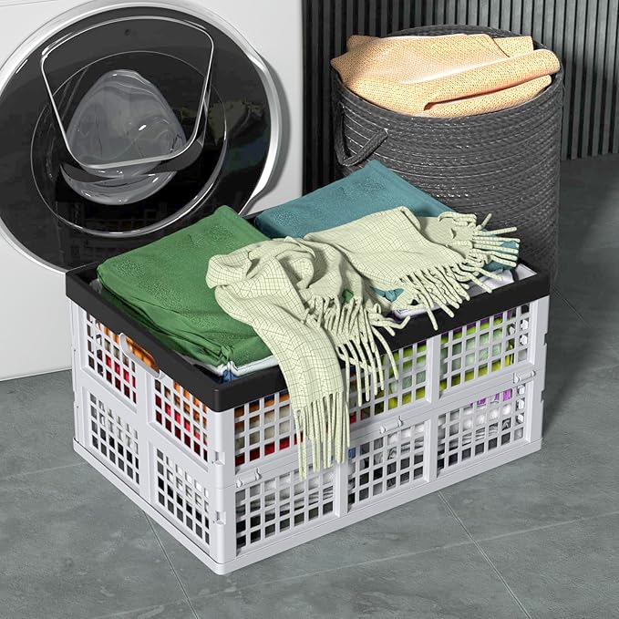 Parlynies 42 L Plastic Stackable Collapsible Storage Crate, 4-Pack Stacking Folding Storage Basket, Utility Crate Basket Containers