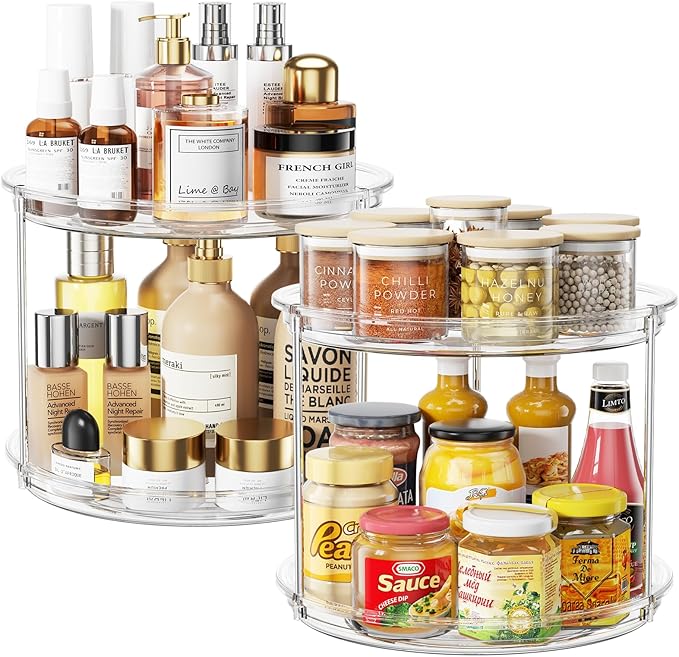 2 Pack 2 Tier Lazy Susan Organizer, 9.25'' Lazy Susan Turntable for Cabinet, Stackable Turntable Organizer Rotating Spice Rack Organization for Kitchen Countertop, Pantry, Bathroom, Clear