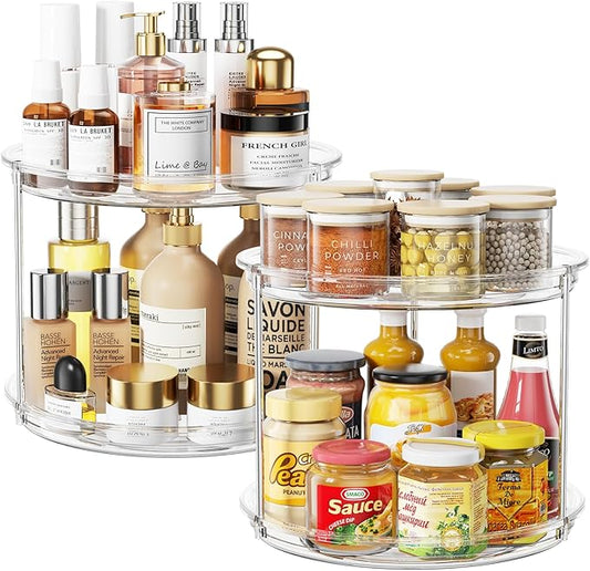 2 Pack 2 Tier Lazy Susan Organizer, 9.25'' Lazy Susan Turntable for Cabinet, Stackable Turntable Organizer Rotating Spice Rack Organization for Kitchen Countertop, Pantry, Bathroom, Clear