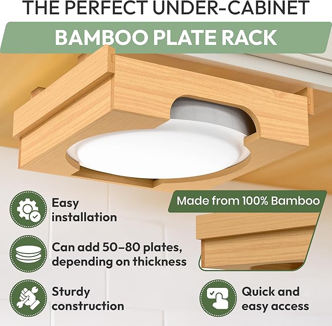 10 inch Paper Plate Dispenser Holder Bamboo Under Cabinet Vertical Rack for Kitchen Countertop Organizer Space Saver Shelf Lid Holder Counter Storage Can Dispenser Pantry Aid Caddy Estante