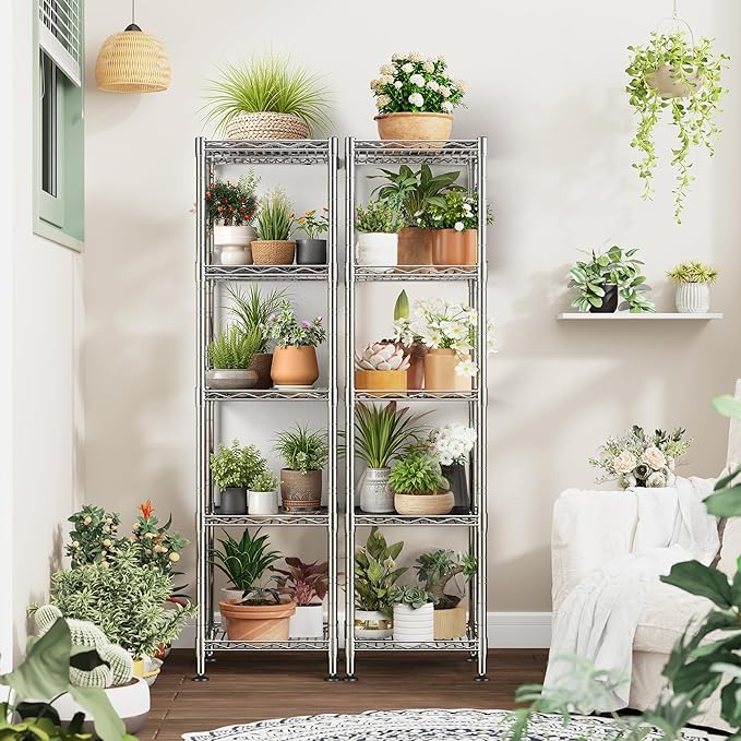Set of 2 Metal Shelving-5 Tier Storage Shelves:AdjustableShelving and Units Standing Shelving Storage Rack Narrow Shelf for Kitchen Pantry Closet Office 12''Wx12''Dx49''H Chrome