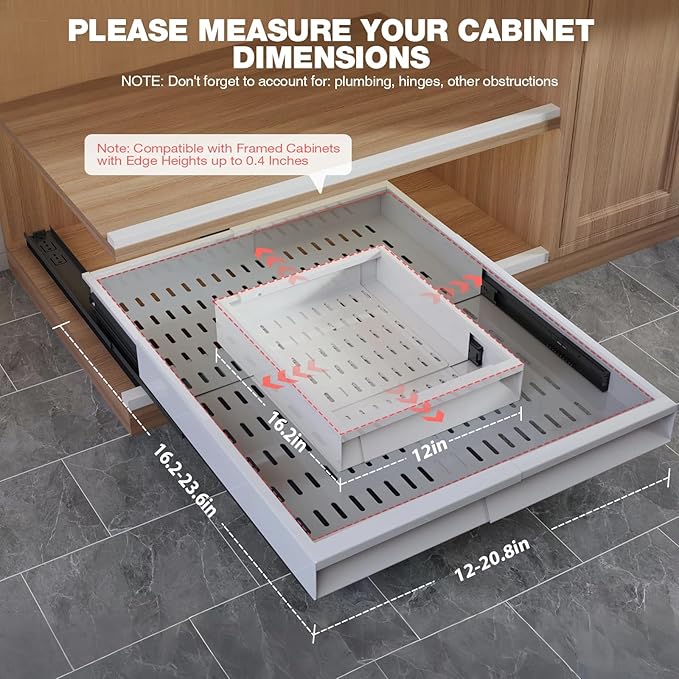 4 Pack Pull Out Cabinet Organizer Expandable Width (12"-20.8") & Depth (16.2"-23.6"), 3 Slide Rails Slide Out Drawers with Handle, Includes Raising Pad for Framed Cabinets, White