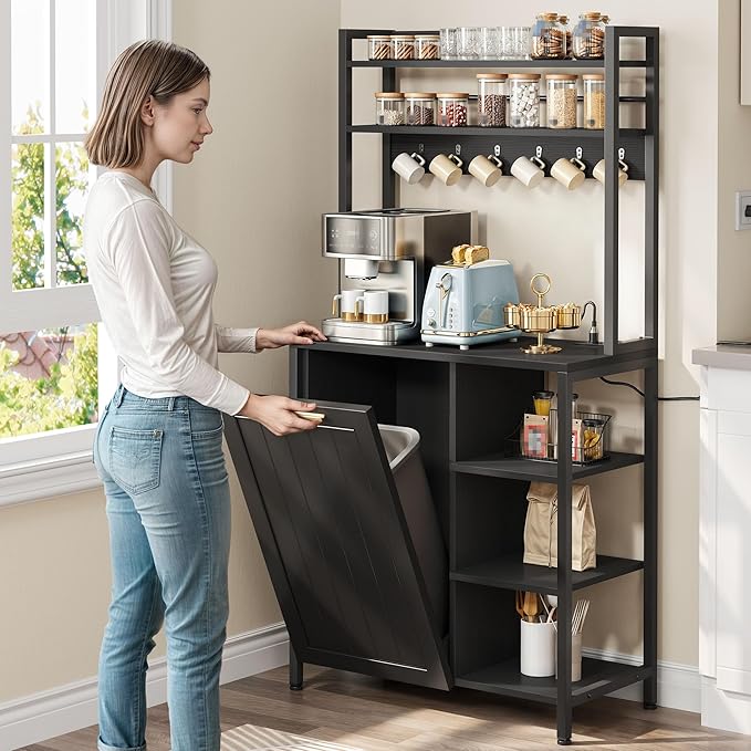 YITAHOME Black 6-Tier Pantry Cabinet with Trash Can Storage & Power Outlet, Large Freestanding Kitchen Organizer for Microwave, Coffee Bar & Dining Room, Bakers Rack with Storage