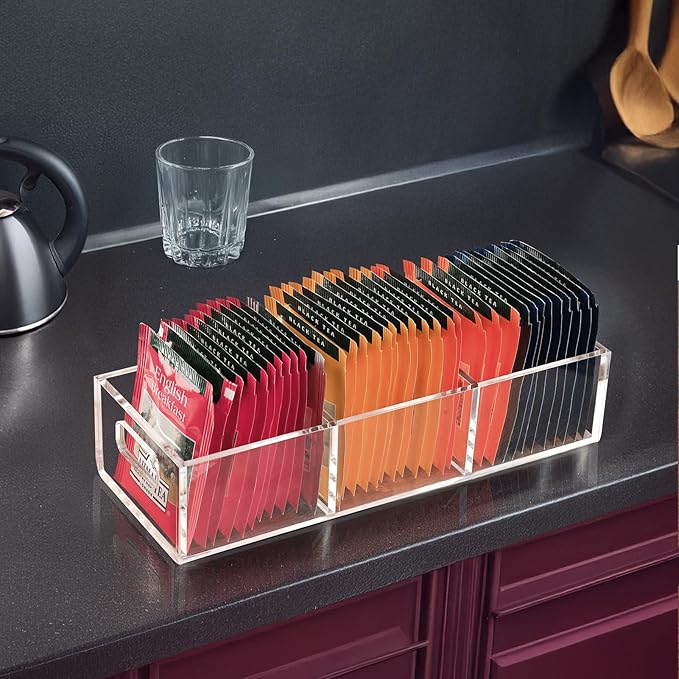 Tea Bag Organizer, Small Clear Tea Bag Holder for Drawer Kitchen Cabinets Pantry Countertops Organizers Storage, BPA-Free Acrylic Coffee Pods, Sugar Packets,Plastic Teabag Bins Home Organizer