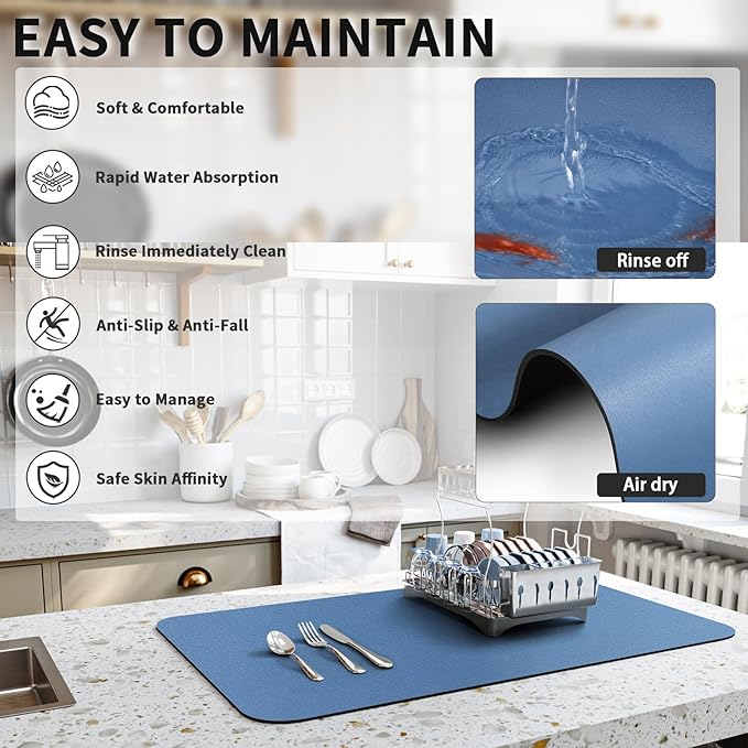 Dish Drying Mat for Kitchen Counter, Heat Resistant Drainer Mats with Non-slip Rubber Backed, Hide Stain Kitchen Super Absorbent Draining Mat, Easy to Clean Dish Rack Pad, Blue 18"x24"
