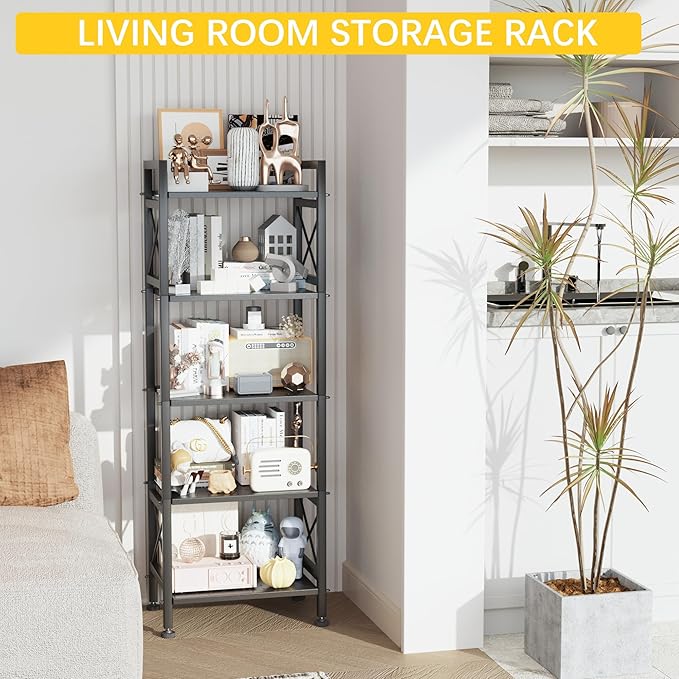 GIOTORENT 5-Tier Industrial Metal Bookcase, Narrow Bookshelf for Bedroom & Living Room - Tall Storage Shelf for Books Movies CDs, 16.8" W x 12.8" D x 53.8H, Black