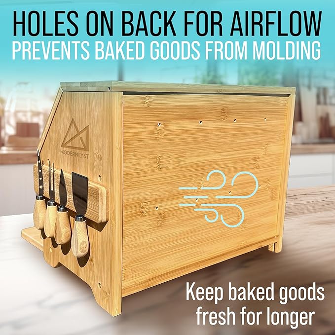 Extra Large Bread Box with Cutting Board & Knife Set | 7 Piece Set | Bamboo Breadbox | Bread Boxes for Kitchen Countertop | Bread Storage Container| Assembly Required