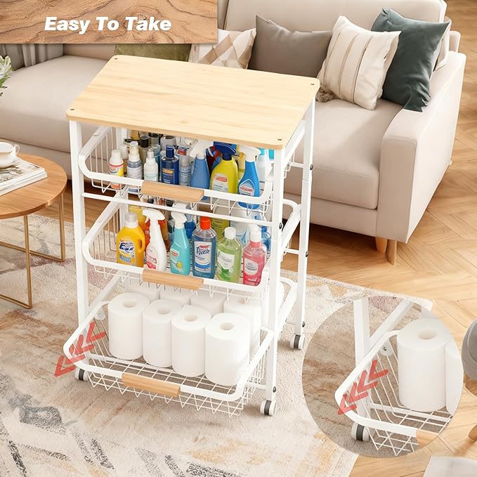 4-Tier Fruit Basket for Kitchen Counter Utility Organizer Carts on Wheels&Wood Top with Storage, Rolling Kitchen Cart for Pantry, Living Room (White)