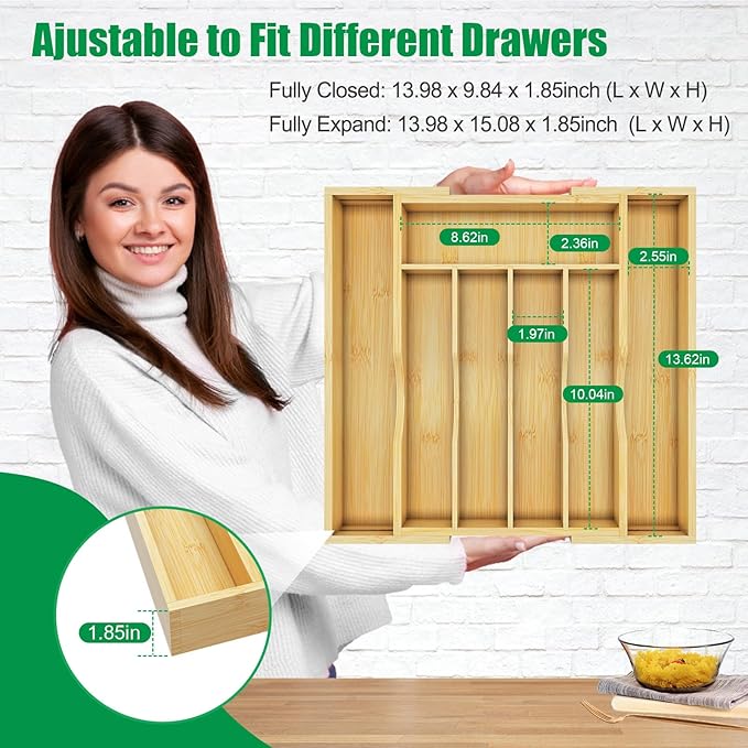 BAMBUROBA Bamboo Kitchen Drawer Organizer,Expandable Silverware Organizer,2 Pack Utensil Holder and Cutlery Tray with 7 Slots,Gadgets Storage Divider,Natural