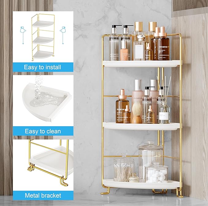 FSyueyun 3-Tier Bathroom Corner Shelf Organizer Countertop, Kitchen Spice Rack Vanity Tray Perfume Makeup Organizer Cosmetic Storage Tray Standing Shelf (Gold)