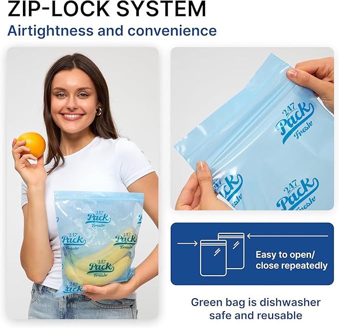 Freshpack 247 Food Bags – Tear-Off Bags on a Roll, Reusable, Ethylene Absorption Helps Keep Food Fresh up to 3× Longer – Biodegradable, BPA-Free, UV-Shielded, SGS Tested (Medium)