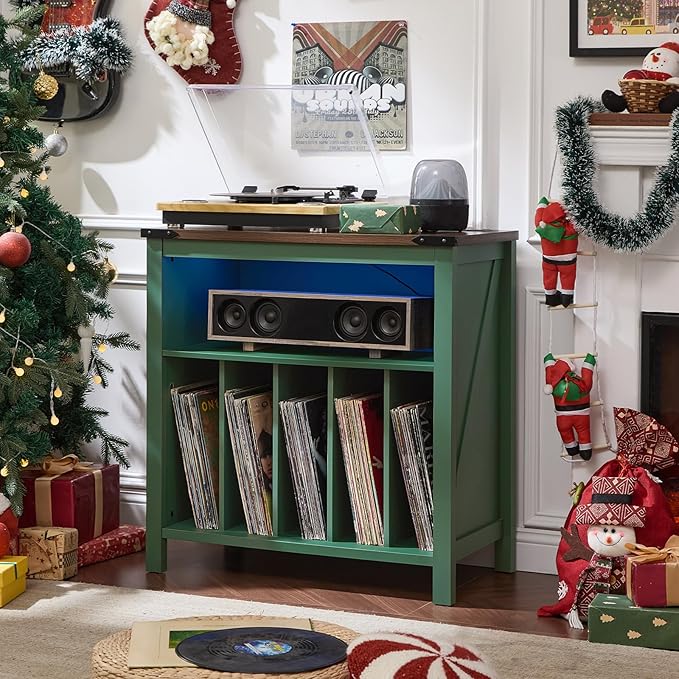 Large Record Player Table with Charger Station & LED Lights, Vinyl Record Storage Player Table up to 230 Albums, Turntable Stand with Display Shelf for Music Room Bedroom Living Room (Green)