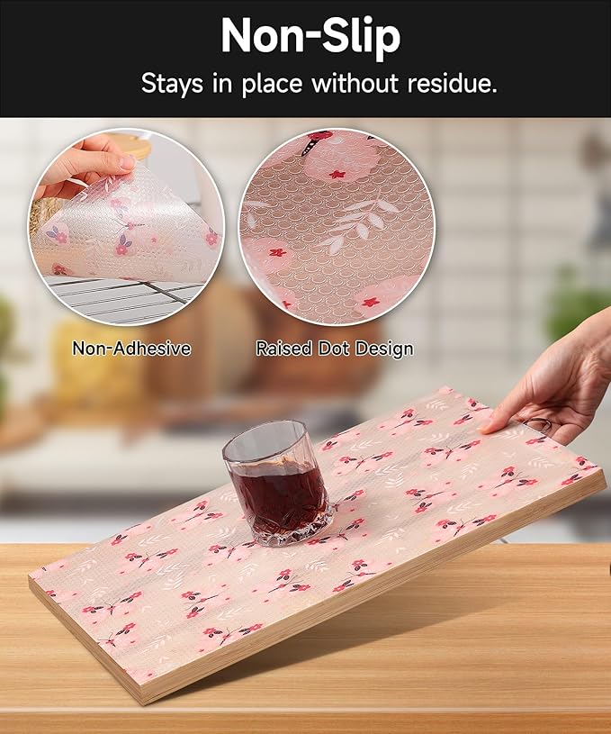 Reusable Non-Adhesive Drawer and Shelf Liner for Kitchen Cabinets - Waterproof Shelf Paper, Easy to Cut and Install - Suitable for Cabinets, Drawers, Shelves, and Desks(Pink Butterfly, 17.7"W x 197"L)