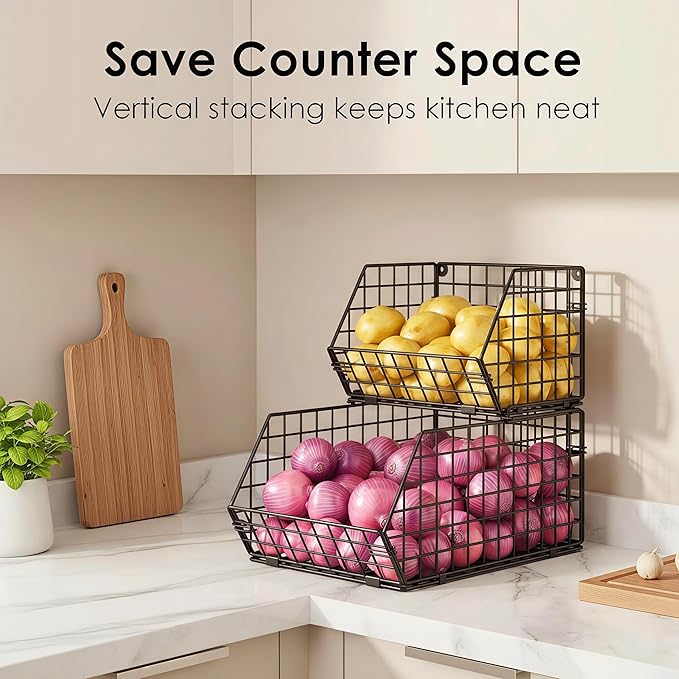 2-Tier Stackable Potato and Onion Storage Bin, Vegetable Storage Bins - Wire Baskets for Pantry Organization, Ventilated Baskets for Kitchen Countertop Hold Fruit, Produce, Snack, Can & Bread