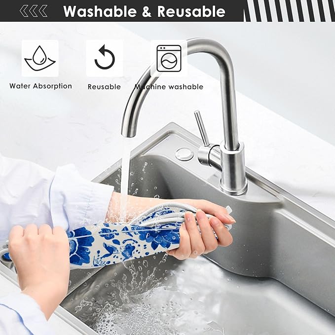 2 PCS Kitchen Sink Splash Guard 14.9 Inch Faucet Mat for Kitchen Sink Bathroom Sink Faucet Absorbing Drip Drain Mat Pad Microfiber Soft Washable Floral Blue and White Tile