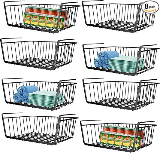 Ankuce 8 PACK Hanging Under Shelf Storage Basket Kitchen Cabinet Organizer Storage, Slides Under Wire Shelves for Counter Pantry Desk Bookshelf,Black