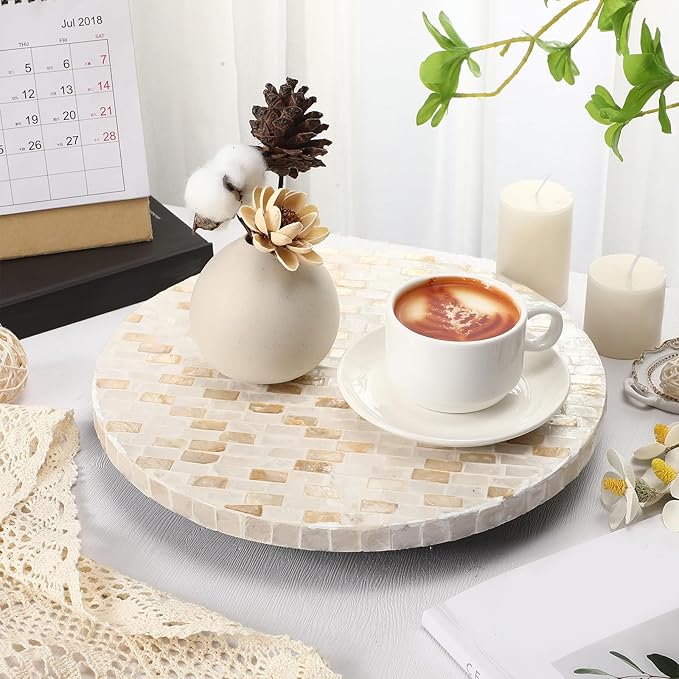 Mother of Pearl Lazy Susan for Table Turntable Organizer Wood Round Spinning Tray Rotating for Kitchen Cabinet Counter Spice Pantry 12 Inch (Marble Pattern)