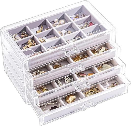 Lolalet Earring Holder Organizer Box Jewelry Storage with 4 Drawers, Clear Acrylic Stackable Earring Case with Adjustable Velvet Trays for Women on Dresser Vanity -Grey, 4 Layers
