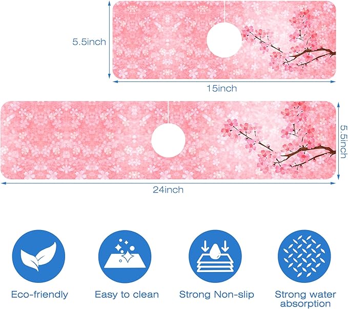 Spring Cherry Blossom Kitchen Sink Splash Guard Absorbent Fast Drying Mat Faucet Draining Guard Behind Faucet Drip Catcher for Kitchen Bathroom 5.5"24