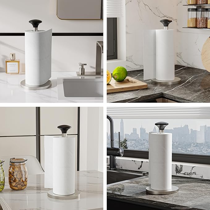 Paper Towel Holder Countertop, Standing Paper Towel Dispenser with Weighted Base, Stainless Steel Paper Towel Holder for Kitchen, One-Handed Operation(Brushed Nickel)