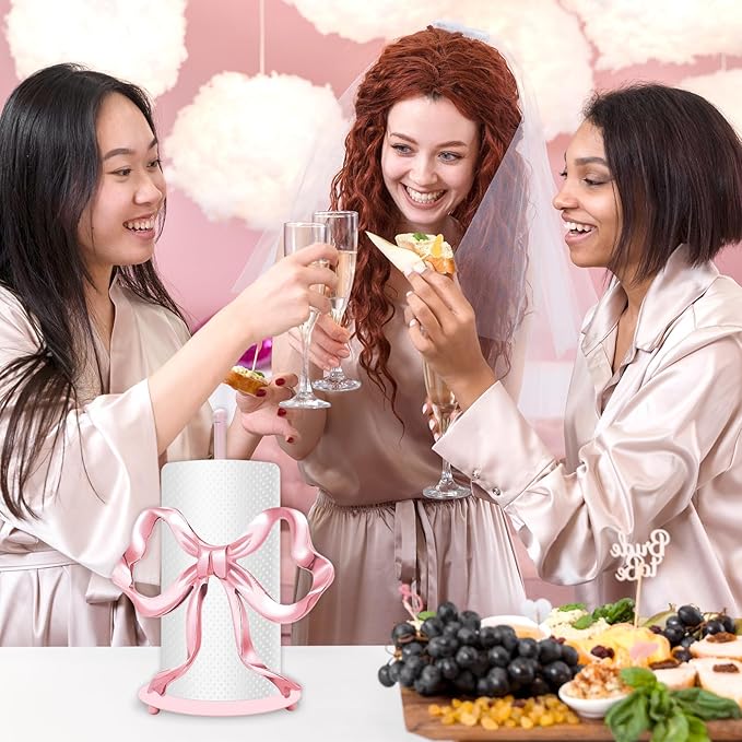 JarThenaAMCS Valentine's Day Trendy Bow Paper Towel Holder Cute Pink Bow Knot Kitchen Decor Accessories Large Metal Towel Holder Stand for Coquette Home Party Bathroom Countertop