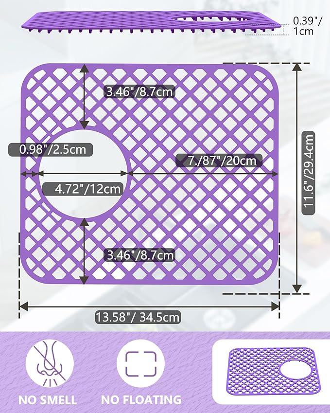 BEHOK 2 Pack Silicone Sink Protectors for Kitchen Sink, Lozenge Pattern 13 x 11 Inches Sink Mat, Non-Slip and Durable Sink Protector Silicone, Rear Drain, Purple