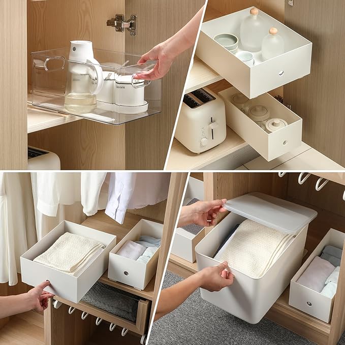 Pull Out Rail for Baskets or Bins.Storage and Organization Accessories for Cabinet,Shelves.DIY Drawer Organizers Slides.2 Packs,White (1)