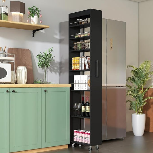 7-Tier Slim Storage Cart with Wheels, 7.9''W Pull Out Rolling Utility Cart, Mobile Shelving Unit Organizer with Handle, Narrow Multi-Functional Open Shelf for Kitchen, Bathroom (Black)