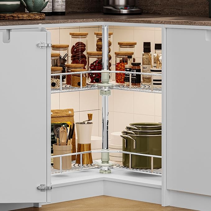 DWVO 28-Inch 2-Tier Lazy Susan Turnable for Cabinet, Rotating 2-Shelf Lazy Susan Corner Organizer with Adjustable Height for Kitchen Pantry, Chrome-Plated Double Spinning Corner Organizer, Silver