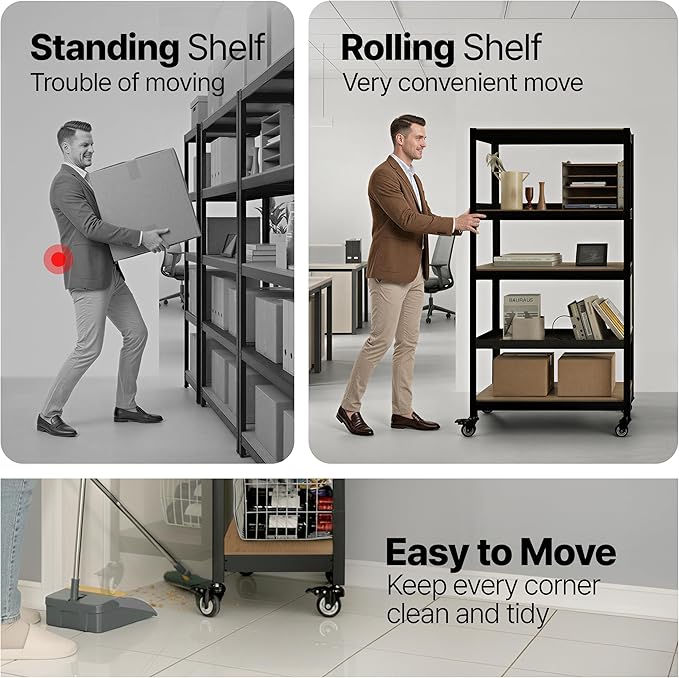 HOMEDANT House 24.4" 5-Tier Metal Rolling Cart Shelf Rack Casters Heavy Duty Laminated Wheel Shelving Unit Adjustable Utility Storage Shelves Shelf Kitchen Garage Black 1Pack