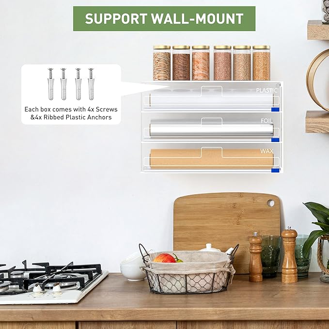 Foil and Plastic Wrap Organizer, 3 in 1 Kitchen Wrap Dispenser, Drawer Aluminum Foil Organization and Storage, Wall-Mounted Holder