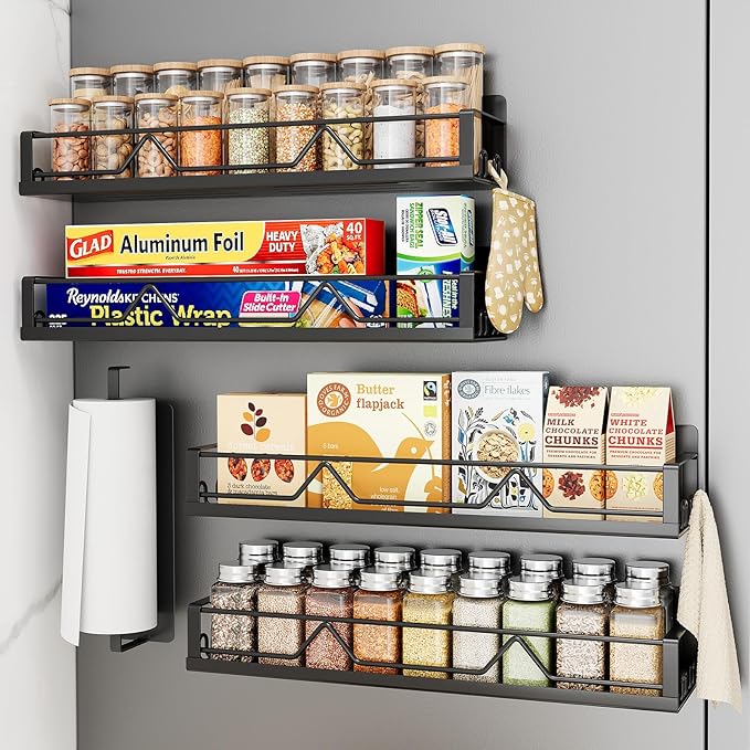 Mystozer 16.9 Inch Wide Large Capacity Magnetic Spice Rack for Refrigerator, 5 Pack Metal Fridge Shelf, Black