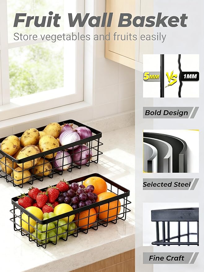 YICKHEWEN Hanging Wire Storage Baskets, Metal Wall Organizer, Adhesive Wall Storage Shelves for Kitchen, Bathroom Pantry (Spice Rack, Cabinet Organizer, Shower Caddy) Black-2 Packs