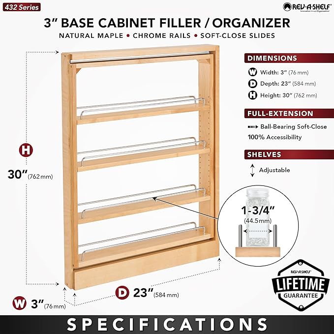 Rev-A-Shelf Base Filler Pullout Organizer Rack for Kitchen and Bathroom Cabinets with 3" Opening, Ball-Bearing Soft-Close Slides, Wood, 432-BFBBSC-3C