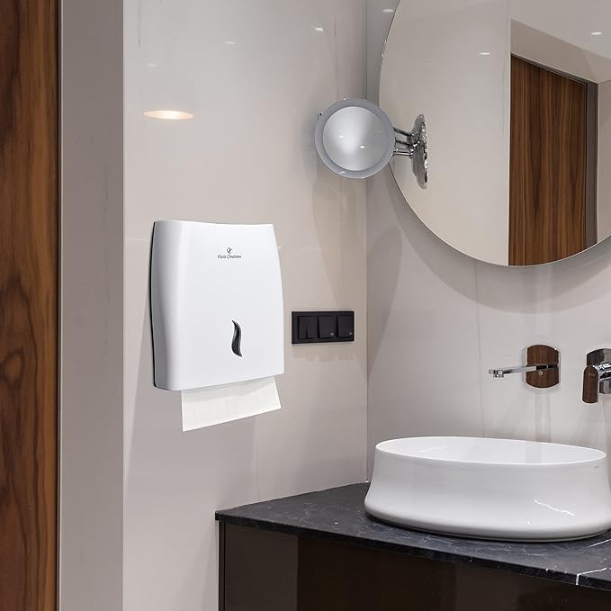 Touchless White Paper Towel Dispenser by Oasis Creations-Wall Mount Hanging Hand Towel Holder- Hands Free-500 Multifold Tissues-Bathroom & Kitchen Accessories-Key Lock Feature-Restaurant & Office