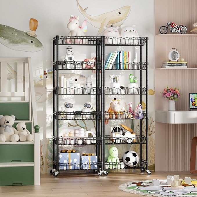 6 Tier Basket Shelf Wire Shelving Unit Adjustable Storage Shelves Big Basket Rack for Garage Kitchen Office Pantry Corner 17.2" Dx12.2 Wx63 H Black