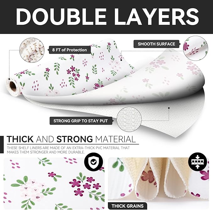 RAY STAR Shelf Liner, 18 Inch x 8 Feet Non Adhesive Purple Pink Floral Kitchen Cabinet Liner for Pantry Drawer Vanity, Strong Grip Non Slip Waterproof, Shelf Liners for Kitchen Cabinets Cupboard