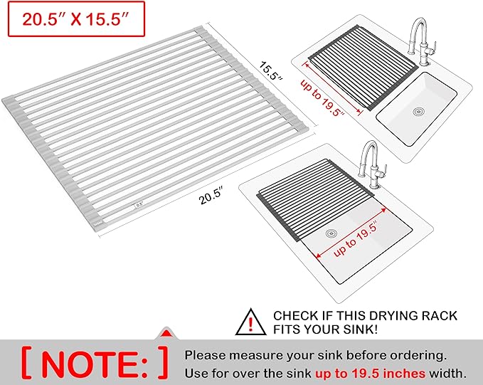 Surpahs Roll-Up Dish Drying Rack, Warm Gray, 20.5" x 15.5", Wide Platform, Fits Sinks up to 19.5", Silicone-Coated Stainless Steel