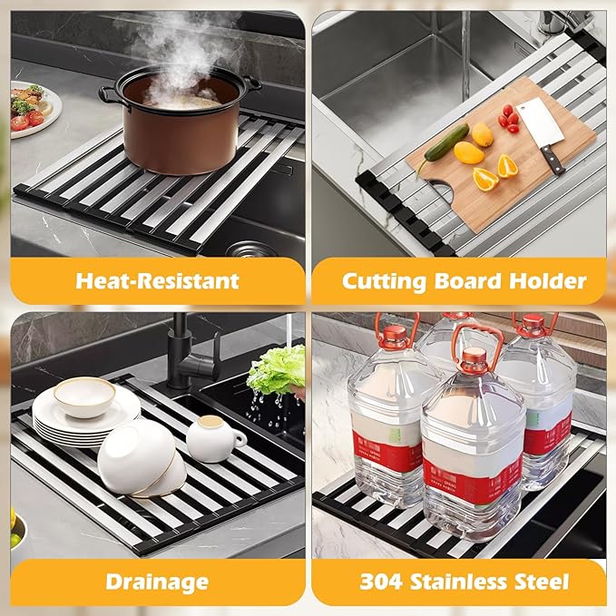 17.7"*12.8" Foldable Dish Drying Rack Thickened & Widened Over Sink Dish Drying Rack High-Temperature Resistant Removable Sink Storage Rack 304 Stainless Steel Drainer for Kitchen and Rv sink