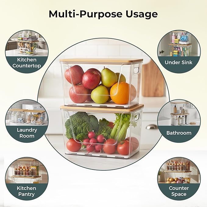 2 Set Pantry Organizers, Storage,Bamboo Lids with Removable Drain Trays, Stackable Clear Bins for Potato, Onion, Vegetables, Fruit, Trash Bag Dispenser, Under Sink Organizer for 4-13 Gal Bags