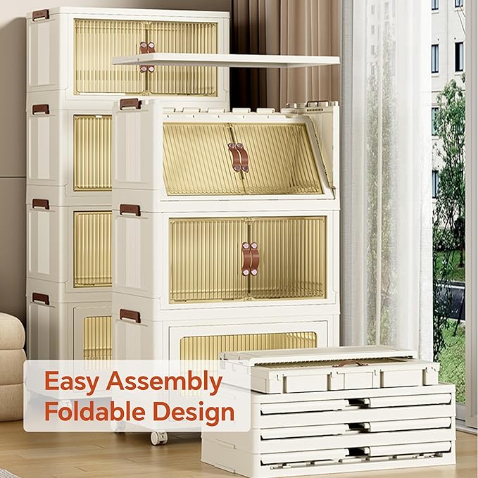 ONAIL 3-Tier Stackable Storage Bins with Lids 65 QT, Collapsible Storage Cabinet Bins with Wheels and Doors, Plastic Foldable Storage Box Container with Drawer for Clothes, Home, Office, Dorm