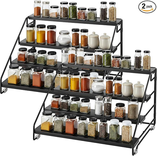 2 PCS Foldable 4 Tier Spice Rack Organizer, Adjustable Step Shelf Tiered Spice Rack for Cabinet, Countertop & Pantry Storage, Metal Spice Rack for Spice Bottles, Jars