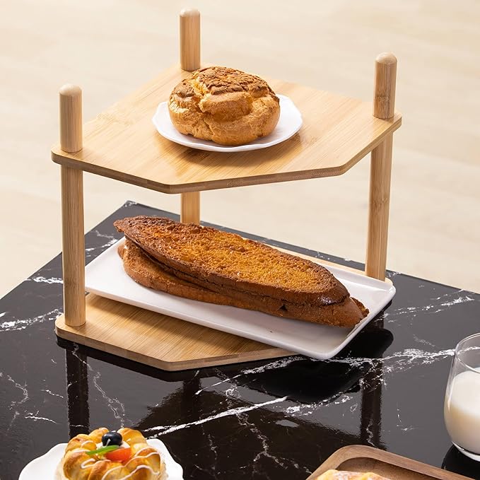 2-Tier Expandable Bamboo Corner Shelf - Dish/Plate Organizer for Cabinet, Kitchen Counter Shelf & Small Kitchen Shelf, Adjustable (1, 6.7" H)