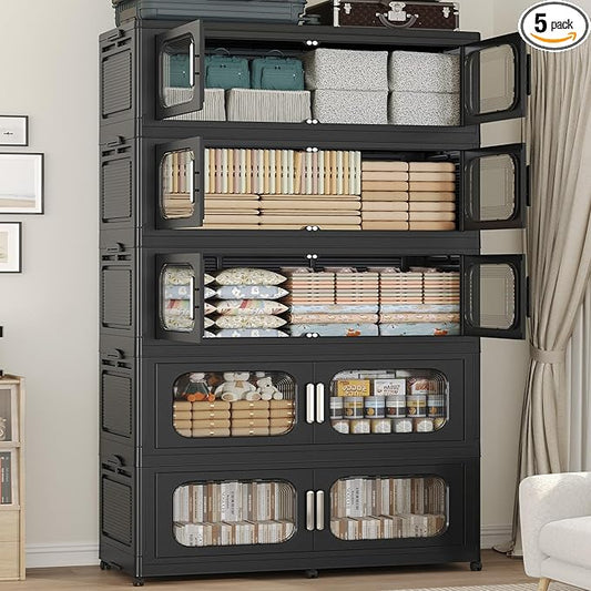250Gal Extra Large Stackable Storage Bins with Lid & Wheels & Doors, 200QT/50GAL 5-Tiers Collapsible Closet Organizers Plastic Containers Drawers Boxes for Home Kitchen Bedroom, Black