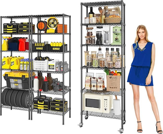 3 Pack Adjustable 6-Tier Storage Shelves with Wheels, 750 lbs Capacity Heavy Duty Wire Shelving Rack, 14" D x 24" W x 71" H Rolling Metal Shelving for Garage, Closet, Kitchen