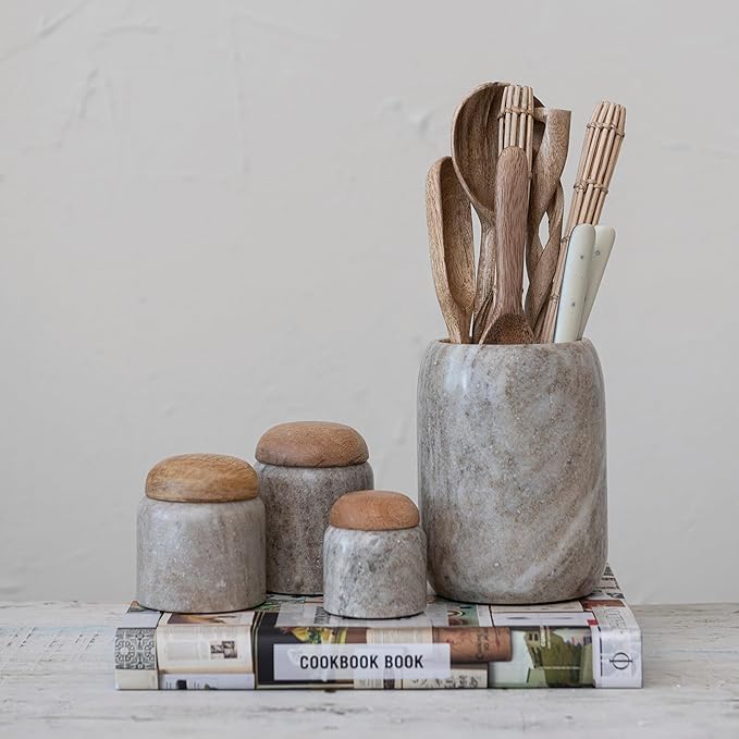 Creative Co-Op Modern Marble Bottle Holder, White Crock, Natural (Pack of 4)