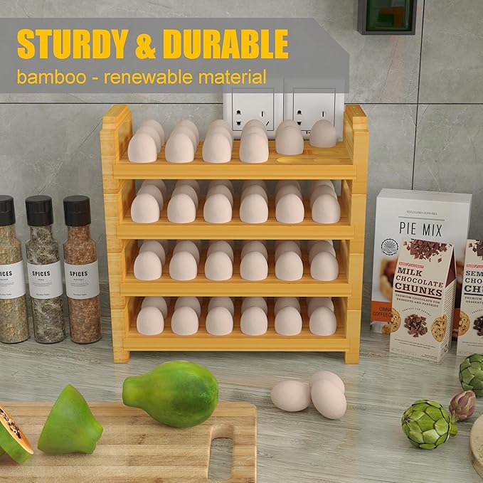 Bamboo Egg Holder Countertop - Stackable Design for Fresh Eggs, Farmhouse Egg Tray Storage Display Rack, Kitchen Counter Top Organizer Wooden Egg Stand, Fits Quail, Duck, Turkey, Chicken Eggs (Luxury)