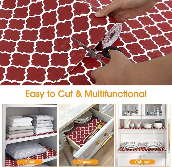 Shinlendid Shelf and Drawer Liner for Kitchen Cabinets Non-Adhesive, Strong Grip Non-Slip Thickened Cabinet Liners for Shelves, Waterproof Mats for Dresser Cupboard, Red/White, 23 in x 30 Feet