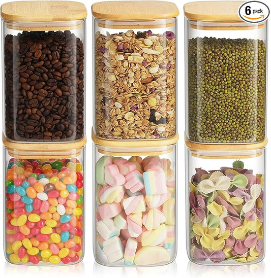 6 Pack Glass Pantry Storage Jars - 37oz Airtight Food Storage Containers Set with Bamboo Lid Labels, Square Kitchen Pantry Canister Organizers for Cookies Candy Coffee Bean Sugar Tea Spice Cereal